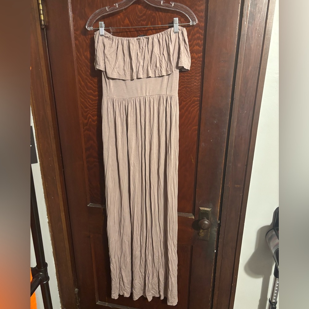 Tan Off-Shoulder Maxi Dress